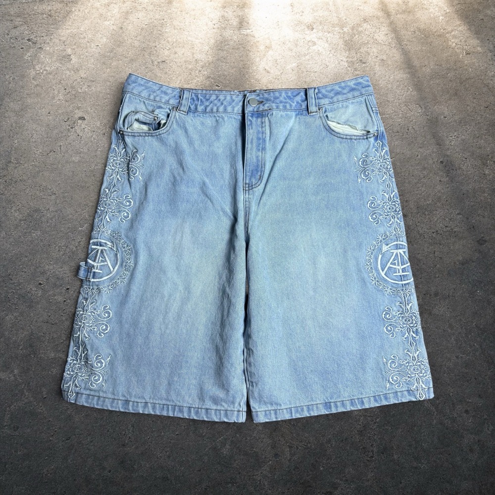 All In One Production Baggy Embroidered Denim Skater Shorts Blue Size Large